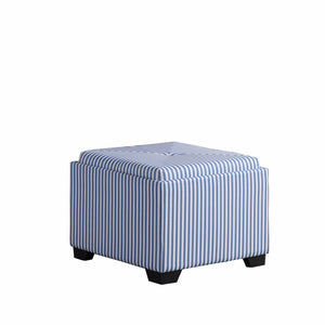 22" Blue And White Faux Leather And Black Tufted Striped Storage Ottoman
