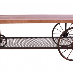 Mesa de centro rectangular con acabado de roble y estante inferior de malla metálica