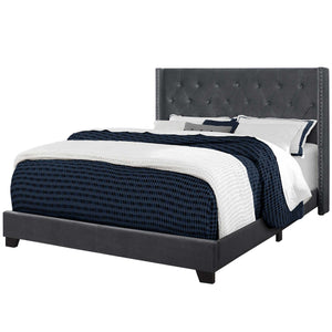 66.5" X 87.5" X 49.75" Dark Grey Velvet With Chrome Trim  Queen Size Bed