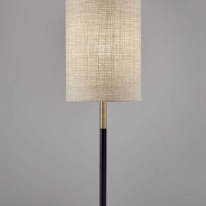 Antique Brass Metal Tripod Base With Matte Black Accent And Tall Natural Fabric Shade Table Lamp