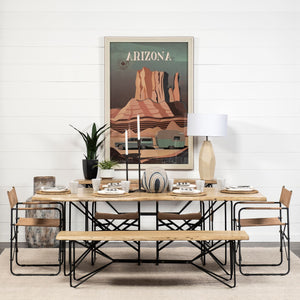 Banco de comedor rectangular con base de hierro y acabado marrón madera de acacia