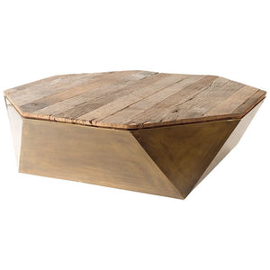 Mesa de centro de metal de latón de madera maciza con bisagras hexagonales con almacenamiento