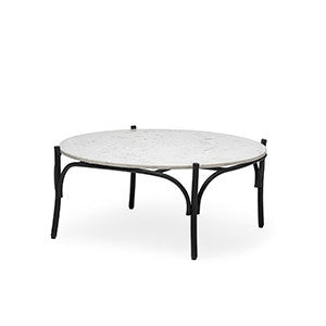 Mesa de centro redonda de 36" con superficie de mármol blanco y base de metal y negro