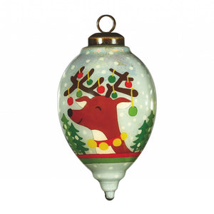 Festive Glitter Reindeer with Lights Hand Painted Mouth Blown Glass Ornament