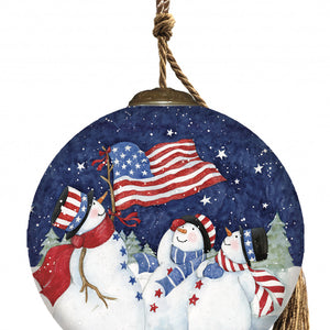 Three Snowman and an American Flag Hand Painted Mouth Blown Glass Ornament