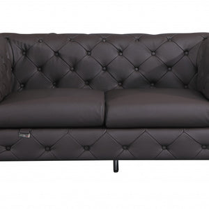 Love Seat cromado y de cuero italiano capitoné marrón oscuro de 69"