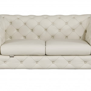 Love Seat de cuero italiano capitoné completamente beige y dorado de 69"