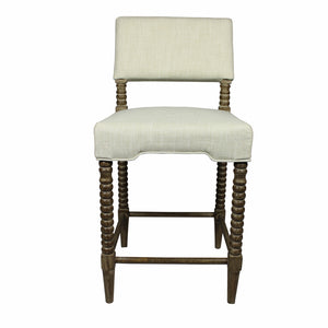 41" Brown Carved Wood and Ivory Woven Upholstered Counter Height Bar Chair