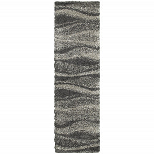 2' X 8' Charcoal Silver And Grey Abstract Shag Power Loom Stain Resistant Runner Rug