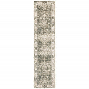 2' X 8' Grey Ivory Tan And Beige Oriental Power Loom Stain Resistant Runner Rug