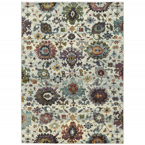 5' X 7' Stone Grey Purple Green Gold And Teal Oriental Power Loom Stain Resistant Area Rug
