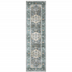2' X 8' Blue Ivory Teal Brown And Gold Oriental Printed Stain Resistant Non Skid Runner Rug