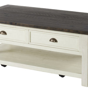 Mesa de centro envejecida de madera color crema y marrón de 50" con almacenamiento