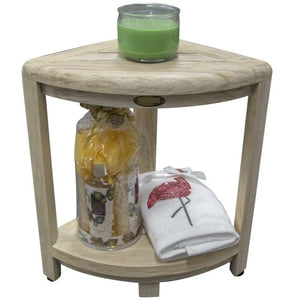 Compact Teak Corner Shower Stool with Shelf in Whitewash Driftwood