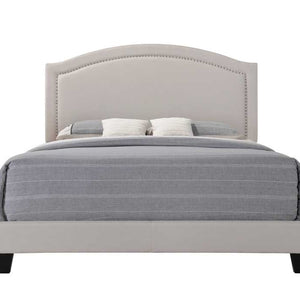 Gray Queen Size Upholstered Nailhead Trim Platform Bed with Dark Wood Finish Legs