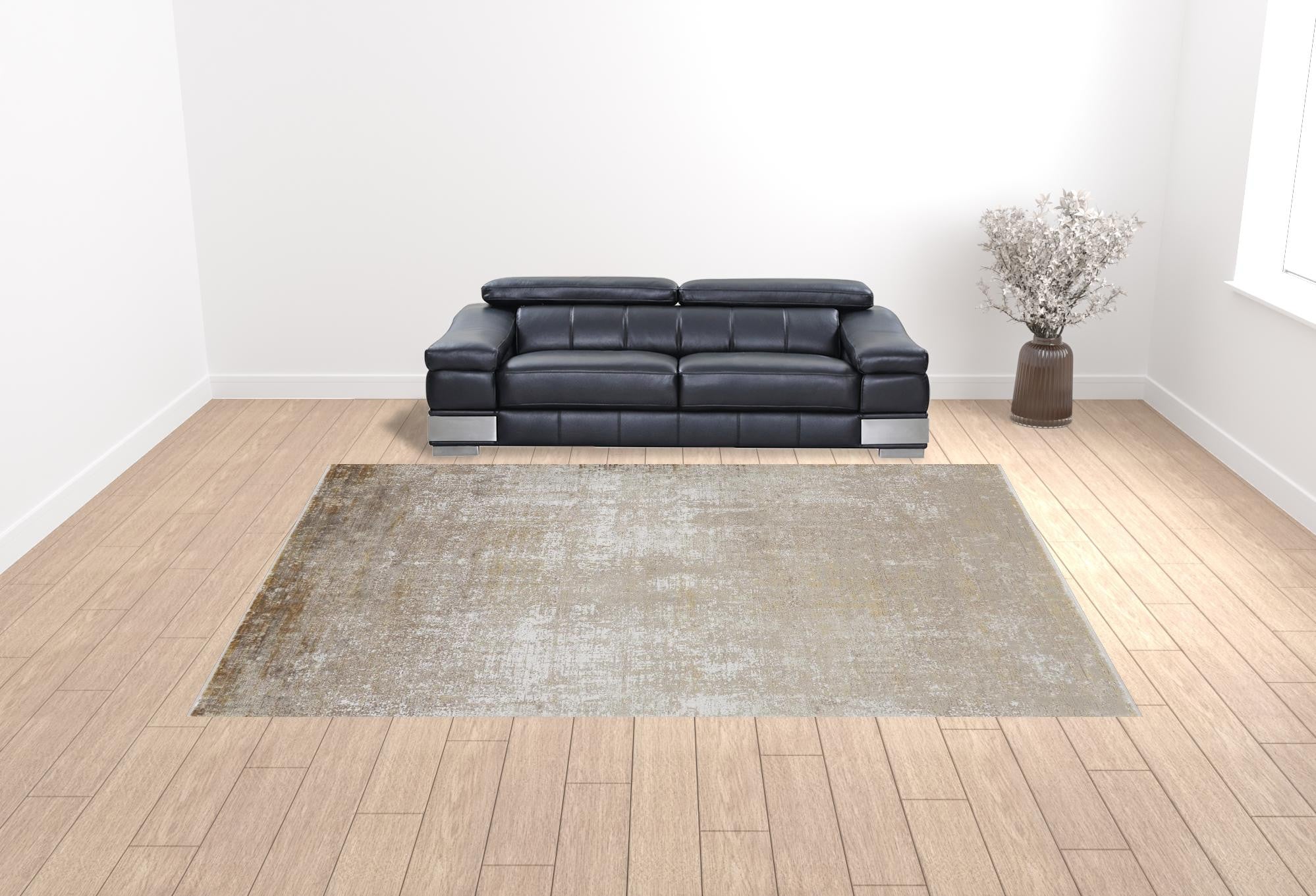 3' X 5' Taupe Ivory And Gold Abstract Power Loom Distressed Area Rug With Fringe