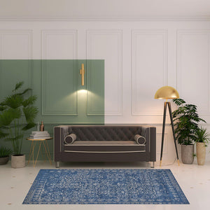 Blue And Silver Wool Floral Tufted Handmade Distressed Area Rug - 5' x 8'