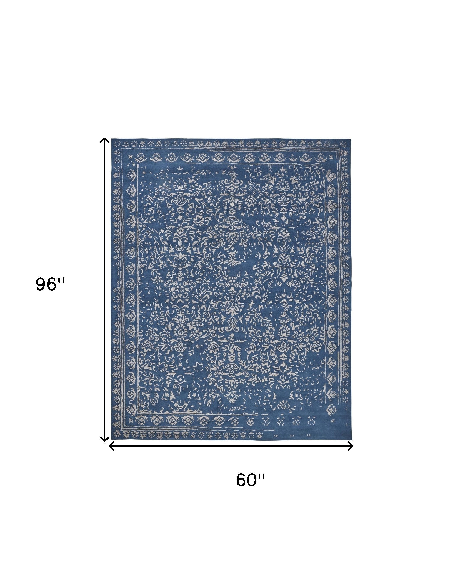 Blue And Silver Wool Floral Tufted Handmade Distressed Area Rug - 5' x 8'