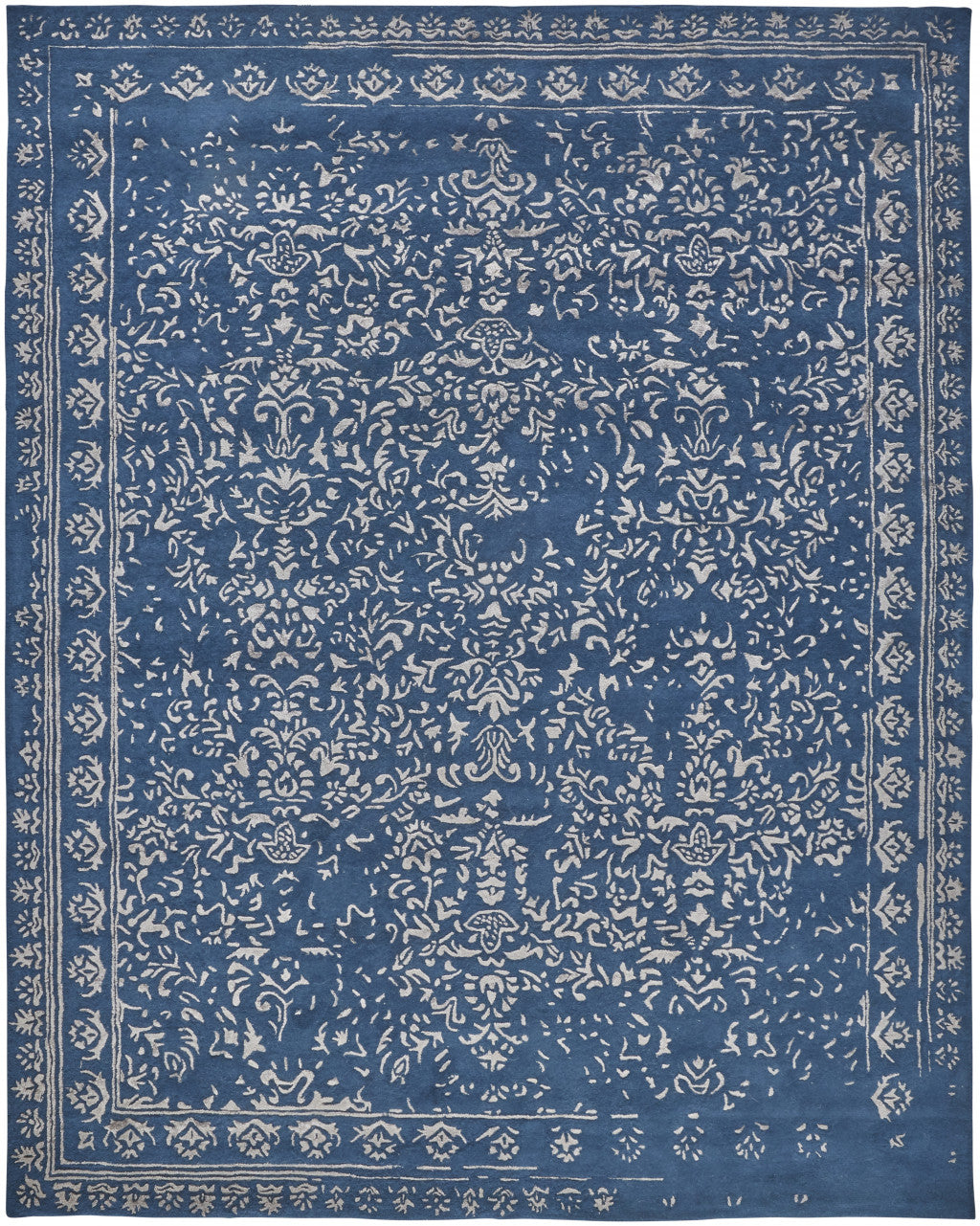 Blue And Silver Wool Floral Tufted Handmade Distressed Area Rug - 5' x 8'