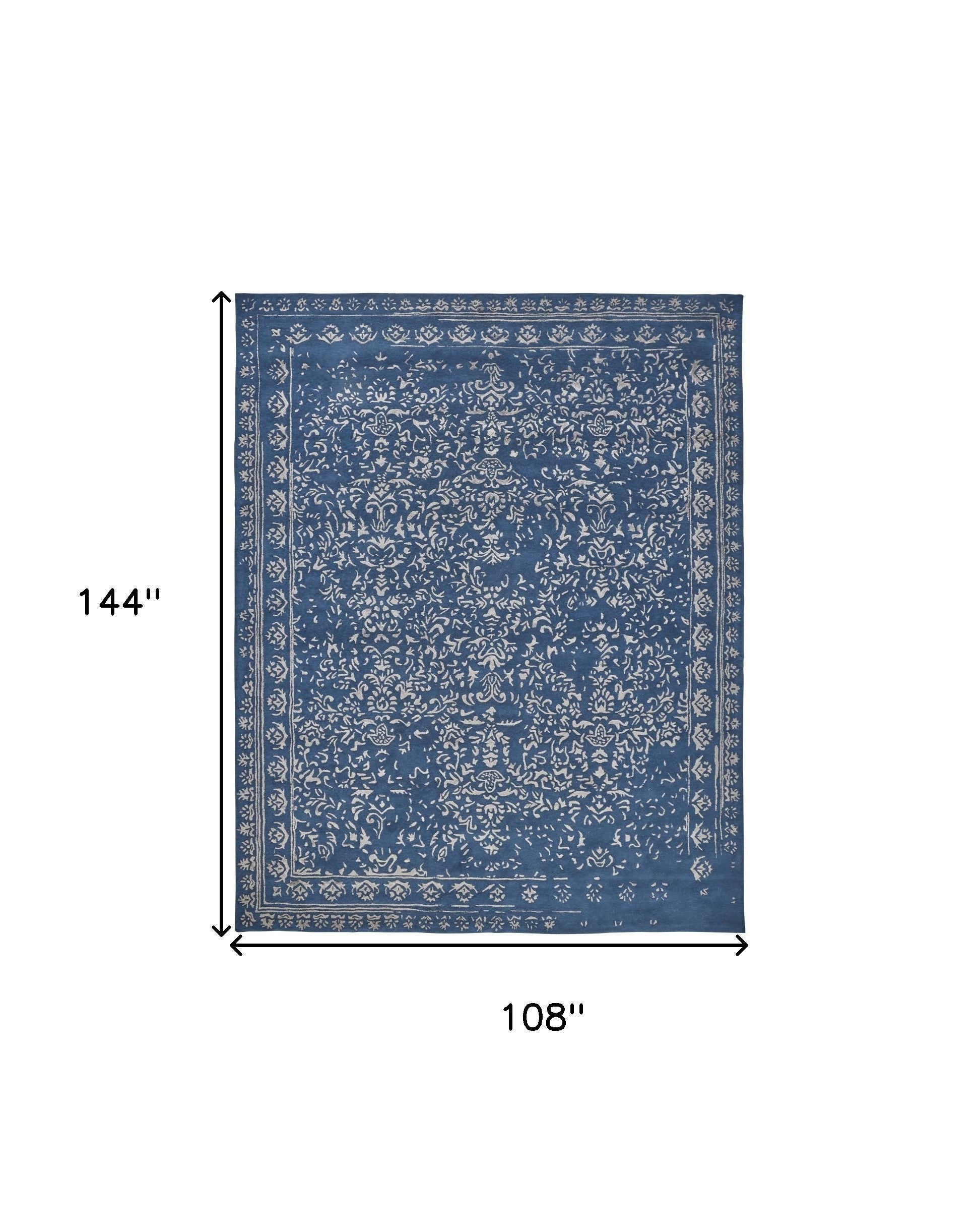 Blue And Silver Wool Floral Tufted Handmade Distressed Area Rug - 5' x 8'
