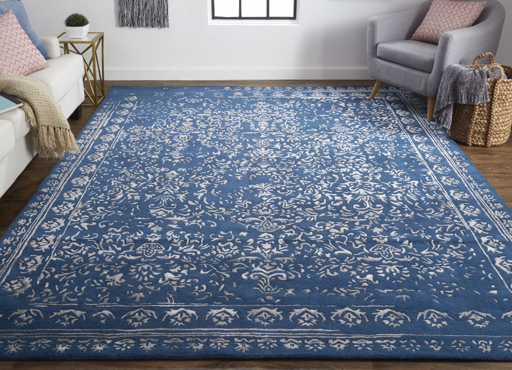 Blue And Silver Wool Floral Tufted Handmade Distressed Area Rug - 5' x 8'