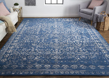 Blue And Silver Wool Floral Tufted Handmade Distressed Area Rug - 5' x 8'