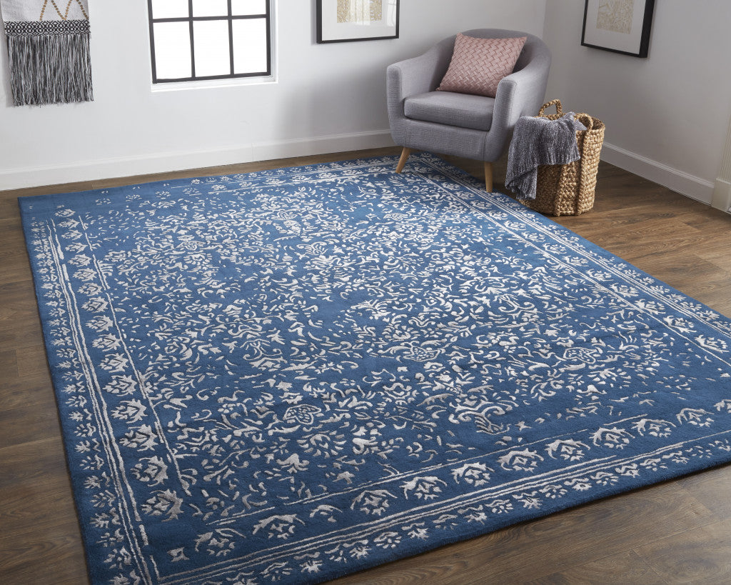 Blue And Silver Wool Floral Tufted Handmade Distressed Area Rug - 5' x 8'