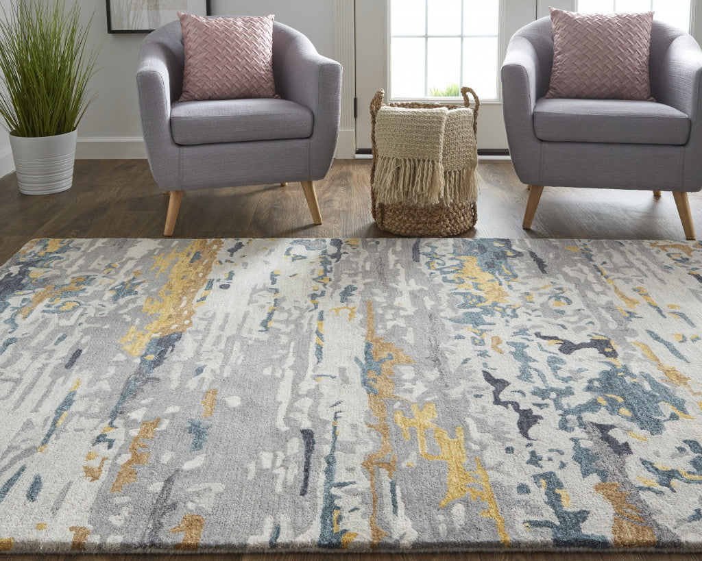 4' X 6' Tan And Blue Wool Abstract Tufted Handmade Stain Resistant Area Rug