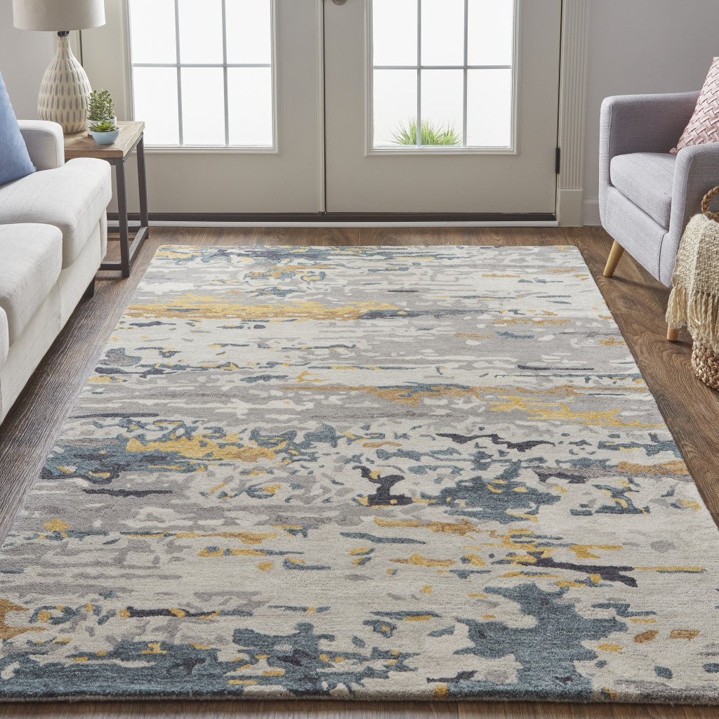 4' X 6' Tan And Blue Wool Abstract Tufted Handmade Stain Resistant Area Rug