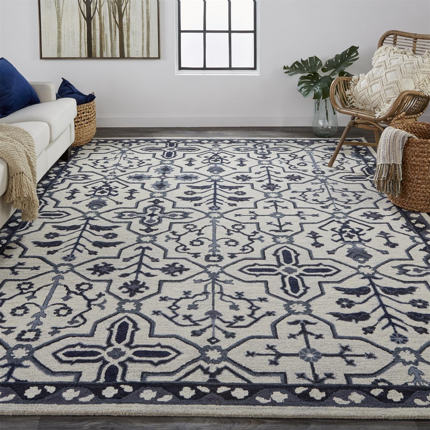 4' X 6' Blue And Gray Wool Floral Tufted Handmade Stain Resistant Area Rug
