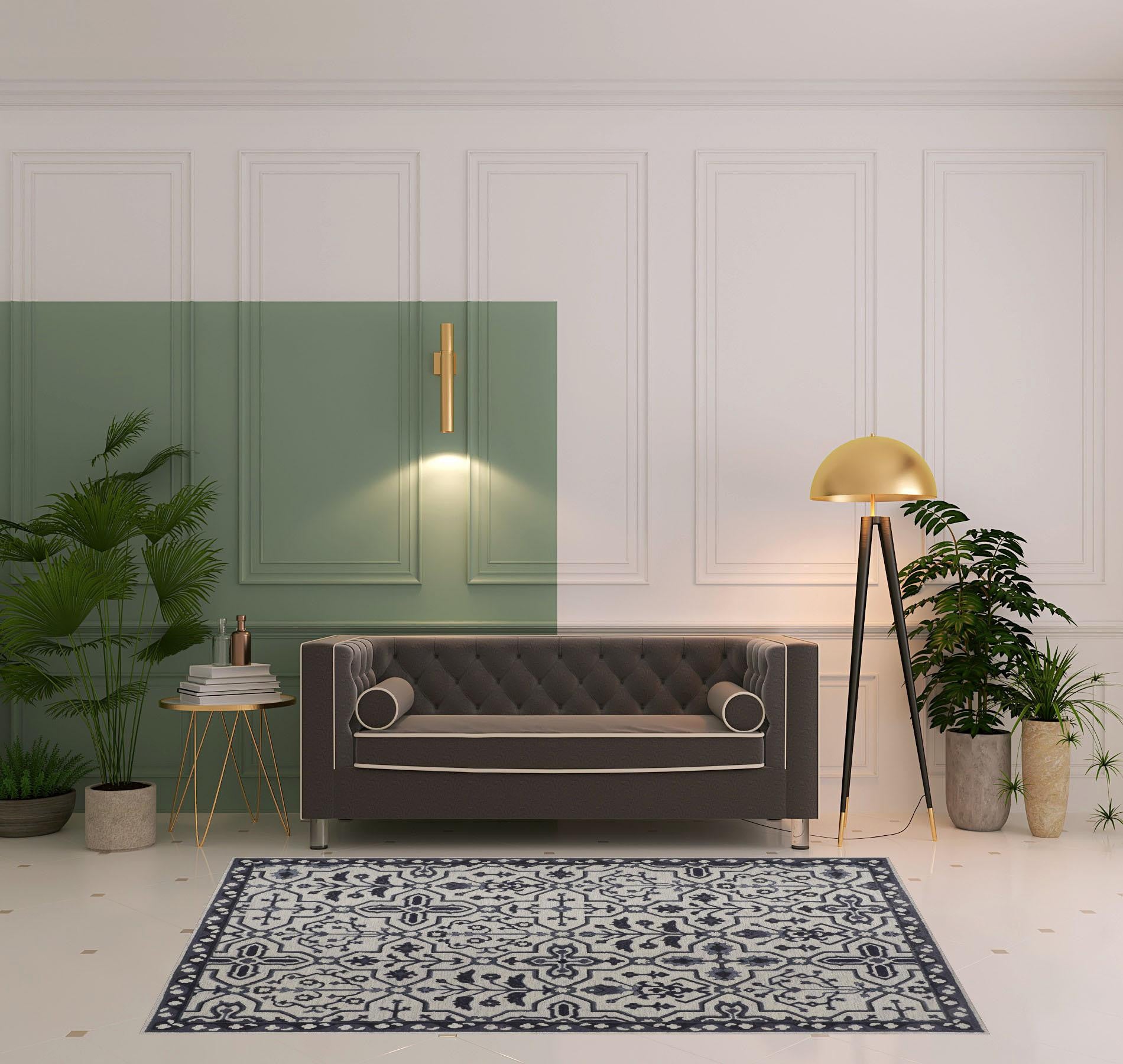 4' X 6' Blue And Gray Wool Floral Tufted Handmade Stain Resistant Area Rug