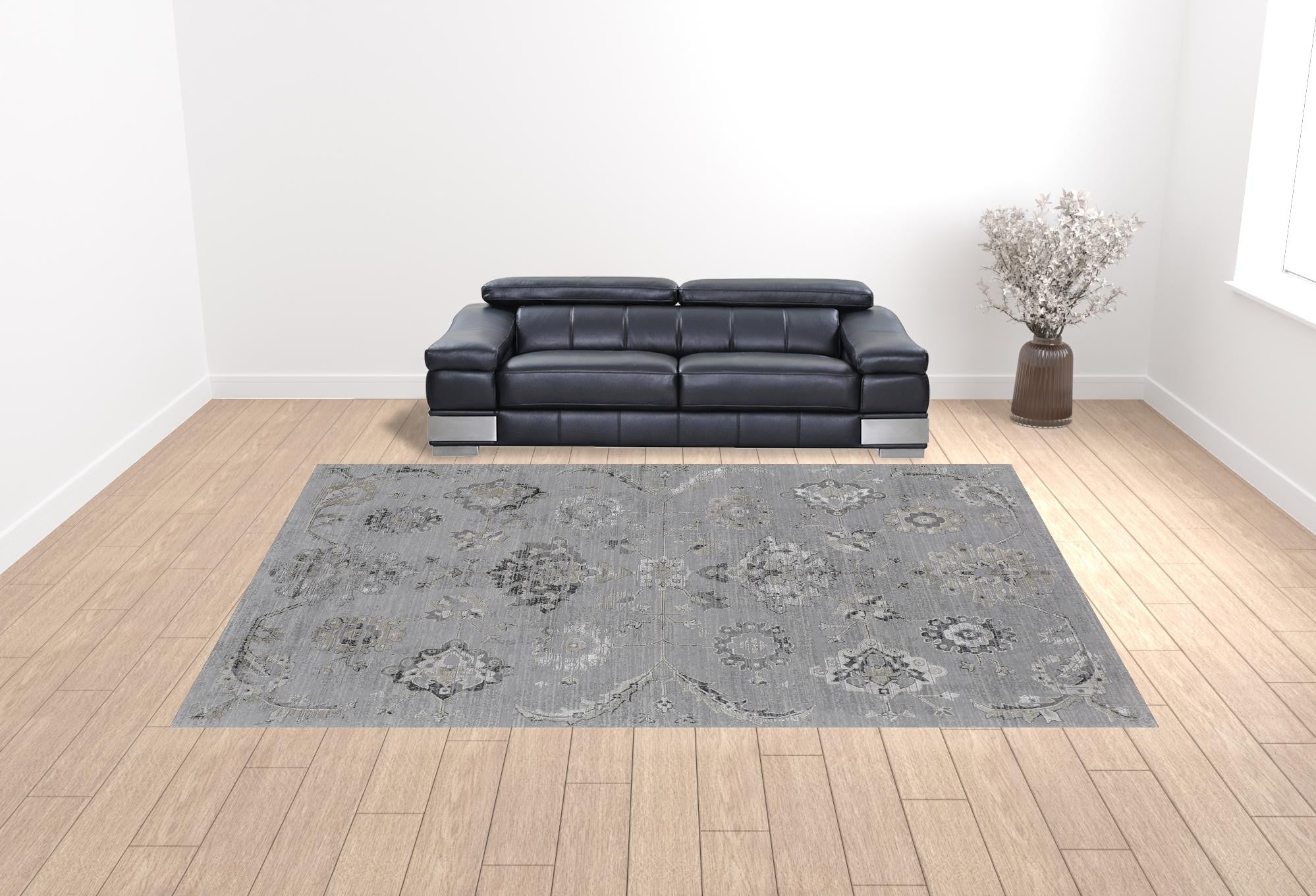 4' X 6' Silver And Black Floral Power Loom Distressed Area Rug