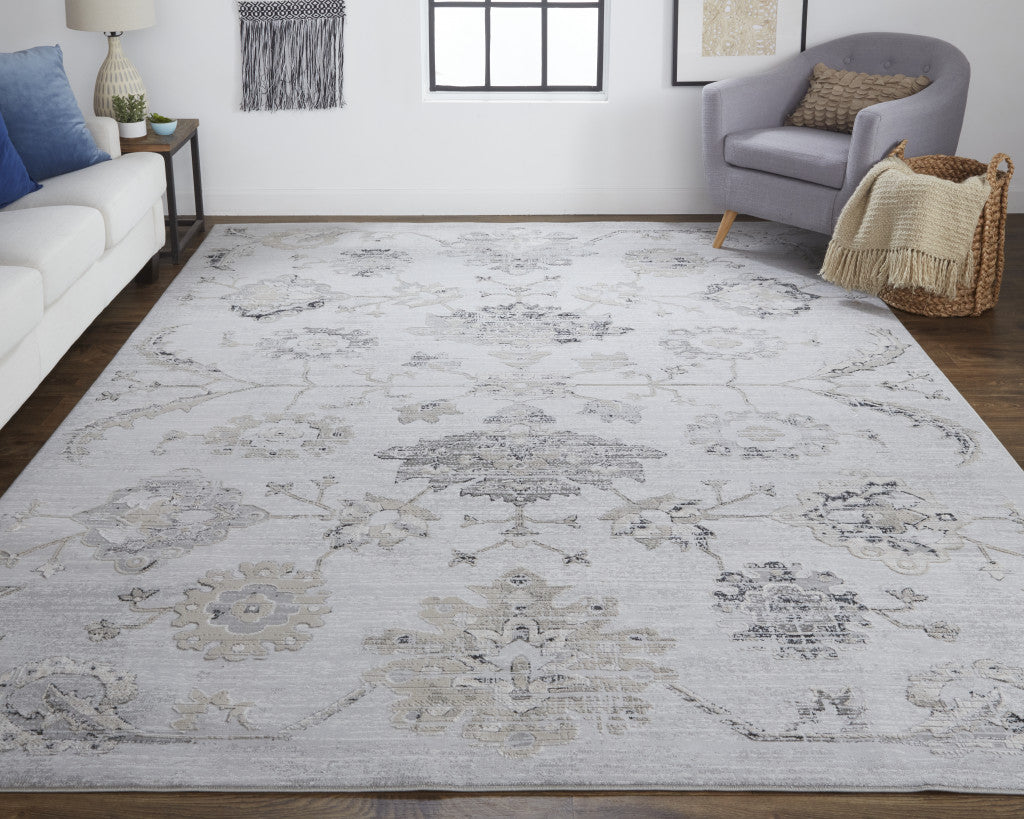 4' X 6' Silver And Black Floral Power Loom Distressed Area Rug