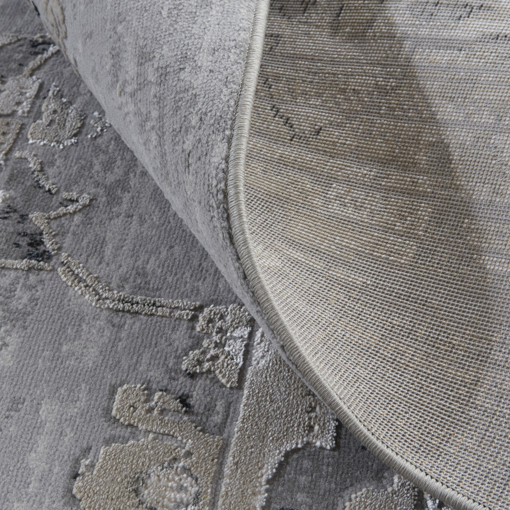 4' X 6' Silver And Black Floral Power Loom Distressed Area Rug