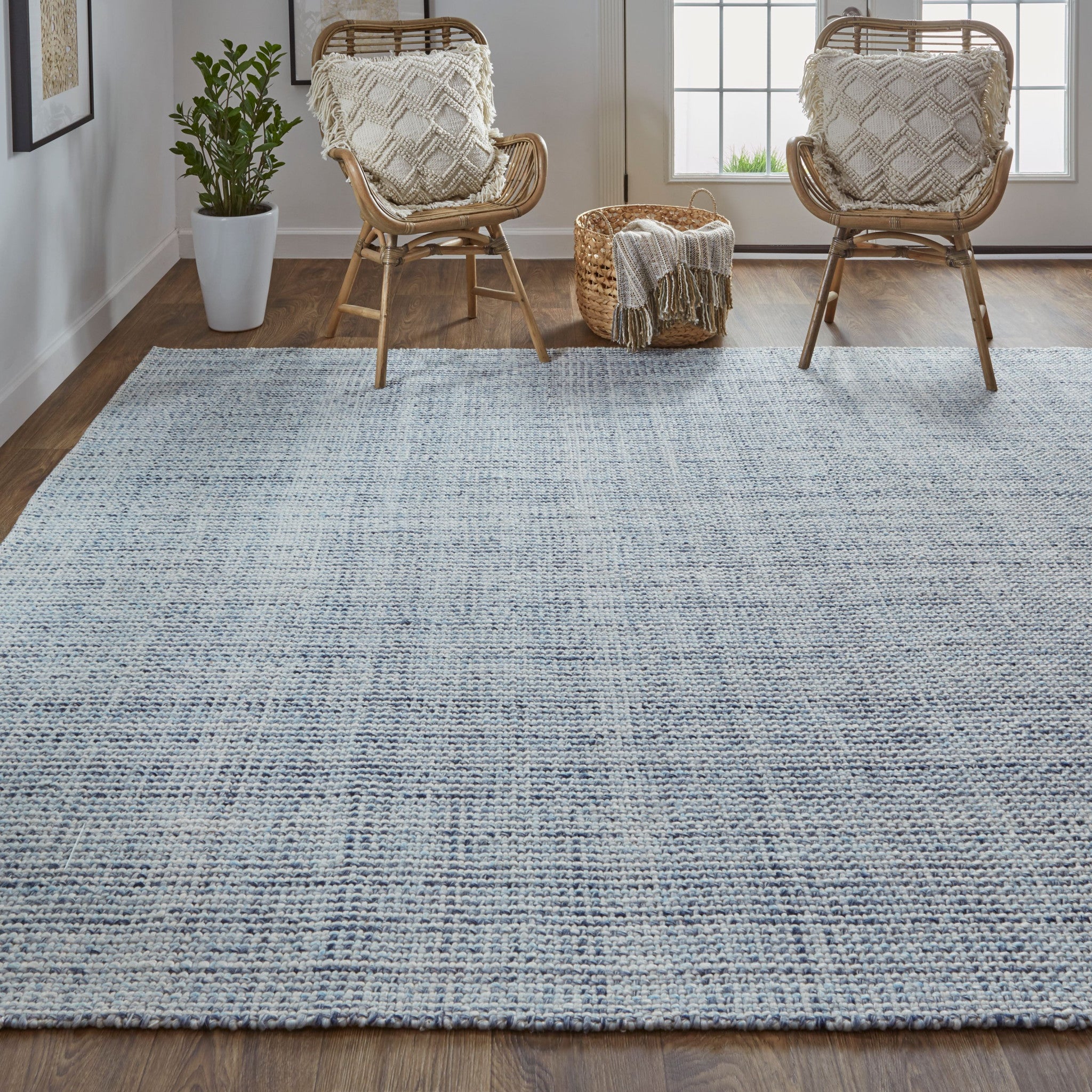 Gray Ivory And Blue Hand Woven Area Rug - 5' x 8'