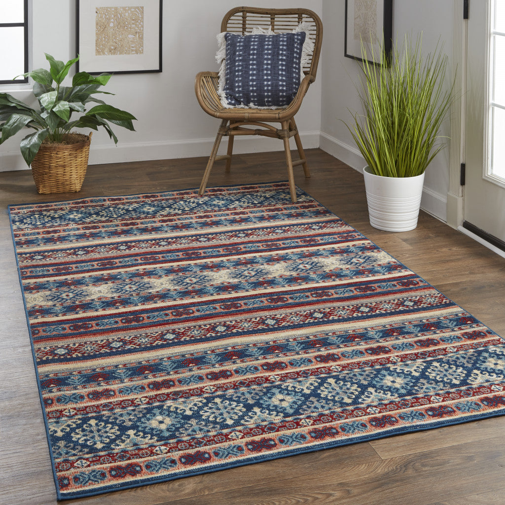 4' X 6' Blue Tan And Black Geometric Power Loom Distressed Stain Resistant Area Rug