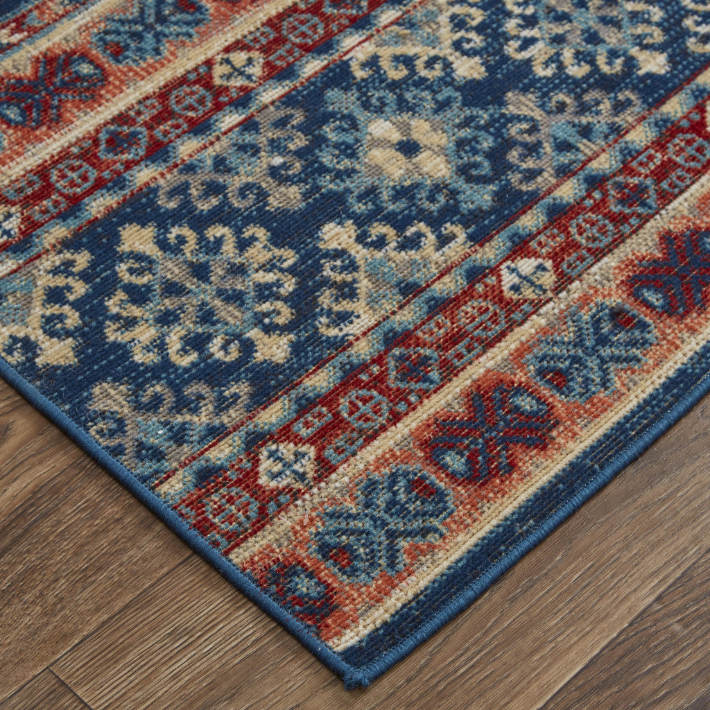 4' X 6' Blue Tan And Black Geometric Power Loom Distressed Stain Resistant Area Rug