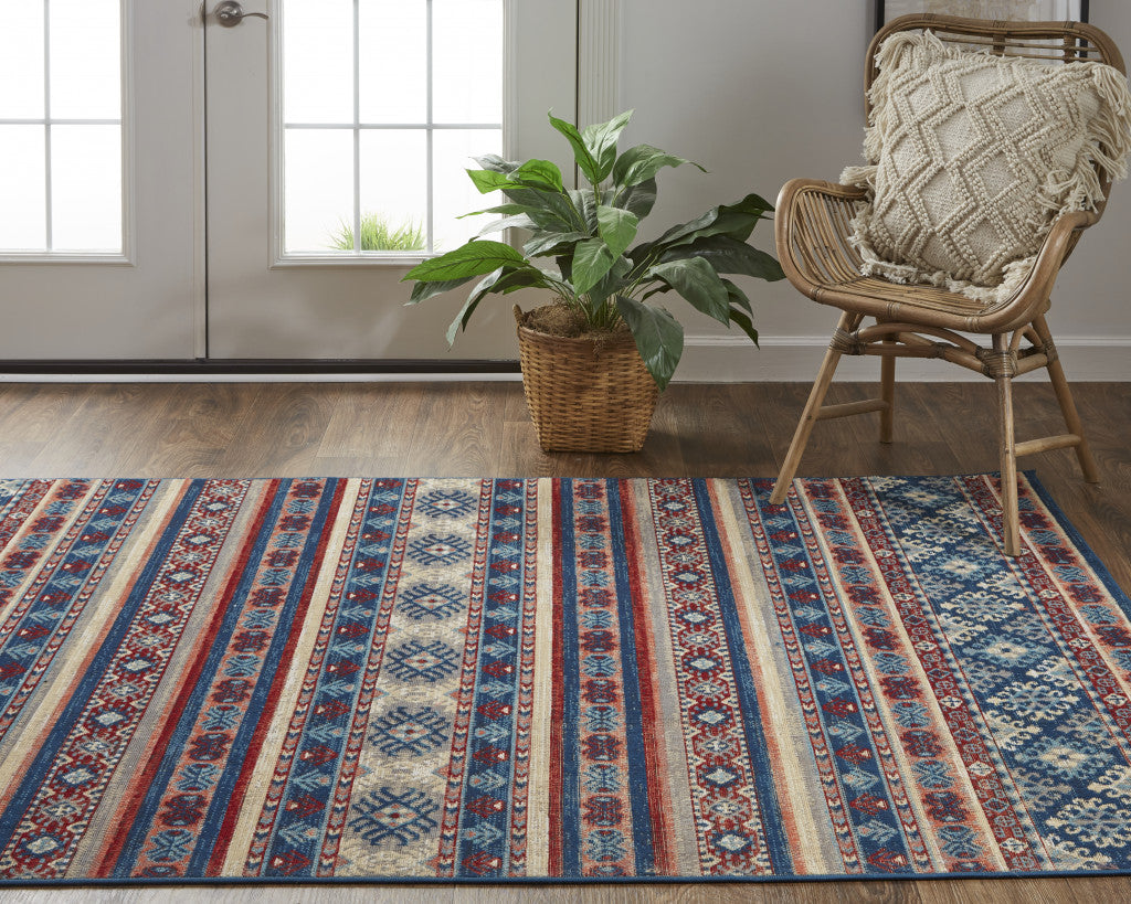 4' X 6' Blue Tan And Black Geometric Power Loom Distressed Stain Resistant Area Rug