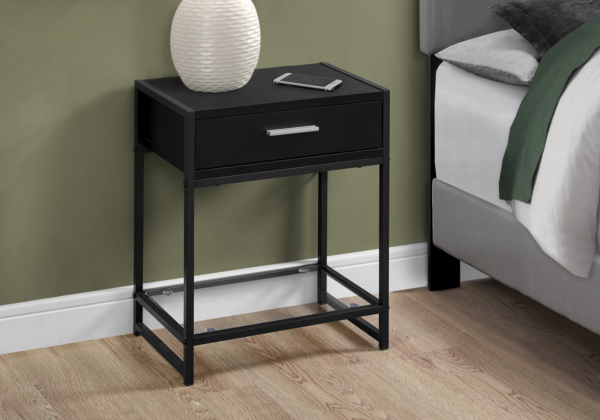 12" X 18" X 22" Grey With Black Metal Tempered Glass Accent Table