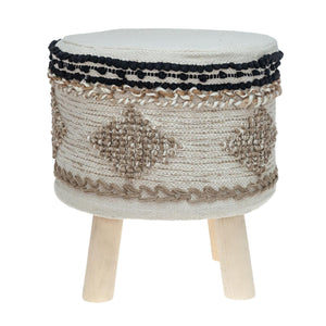 16" Beige Jute And Wood Brown Round Abstract Ottoman