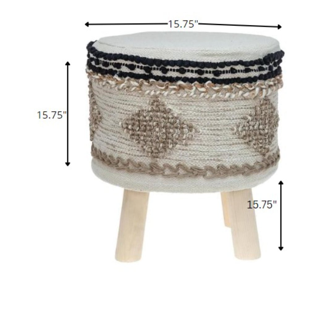 16" Beige Jute And Wood Brown Round Abstract Ottoman