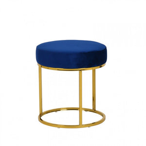 16" Blue Velvet And Gold Round Footstool Ottoman