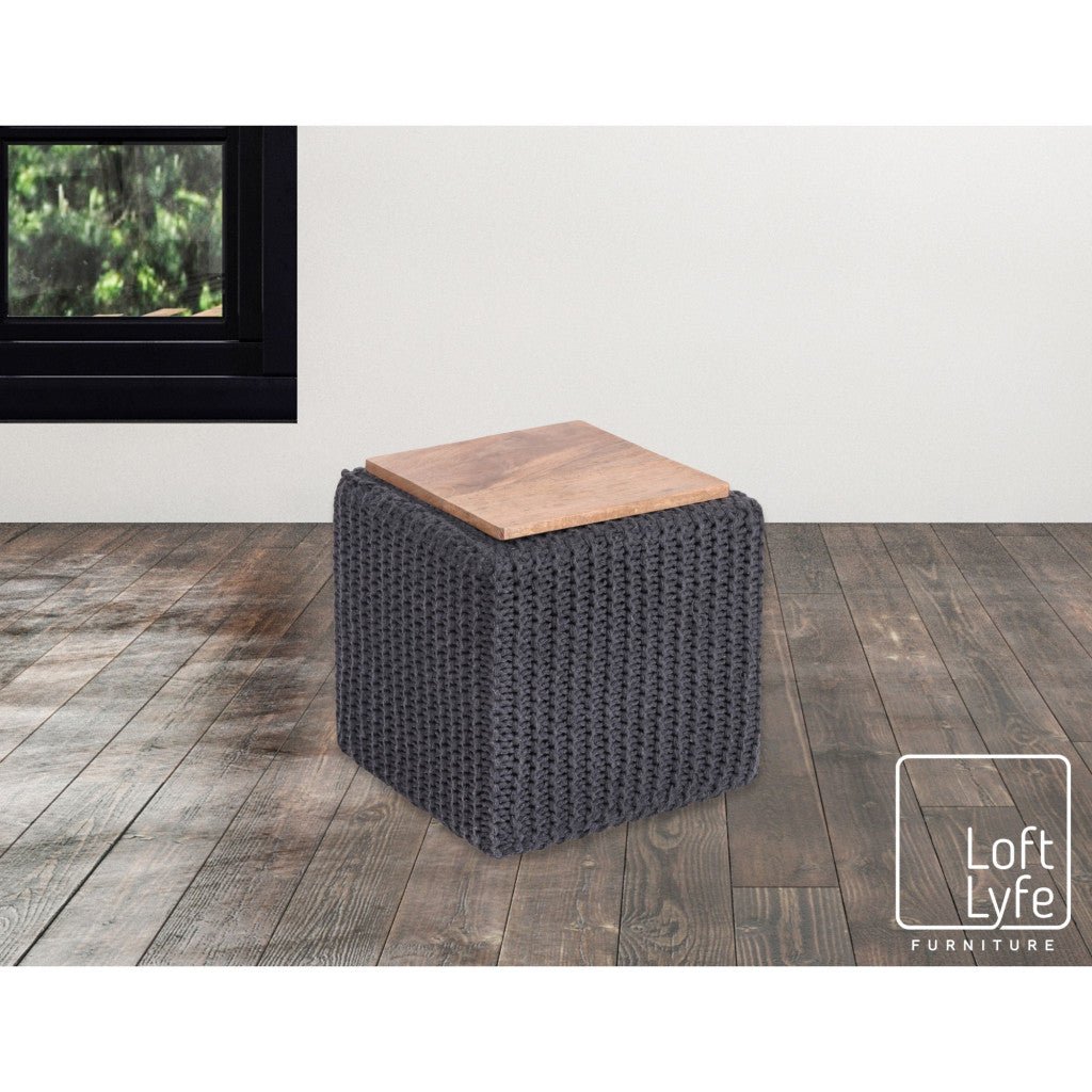 16" Dark Grey Cotton Blend Pouf Cube Ottoman
