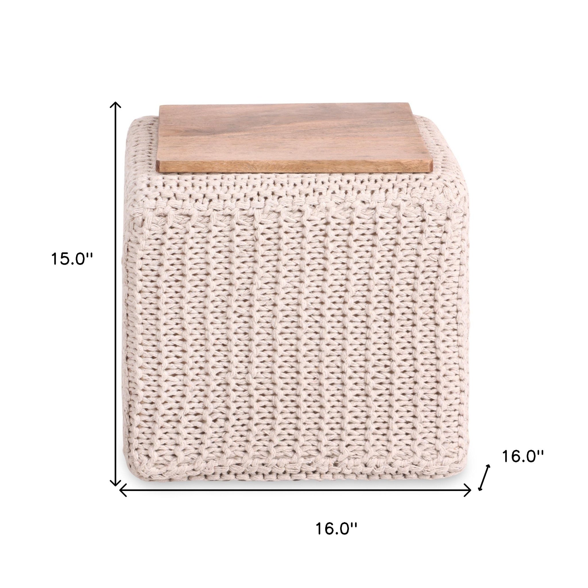 16" Ivory Cotton Blend Pouf Cube Ottoman
