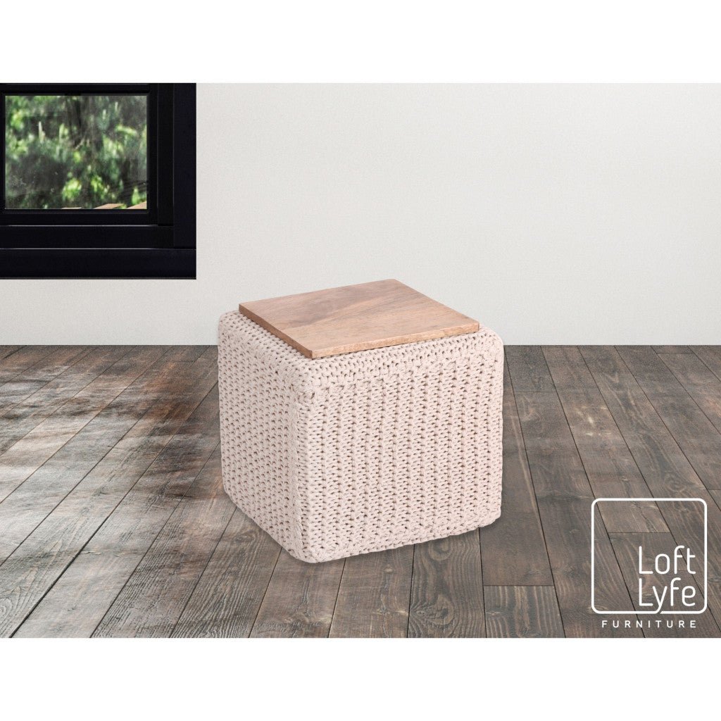 16" Ivory Cotton Blend Pouf Cube Ottoman