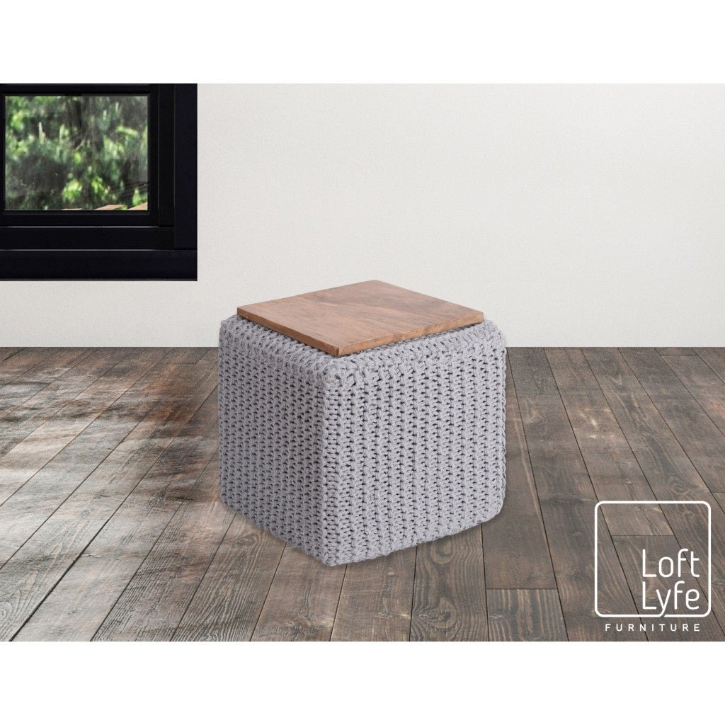 16" Light Grey Cotton Blend Pouf Cube Ottoman