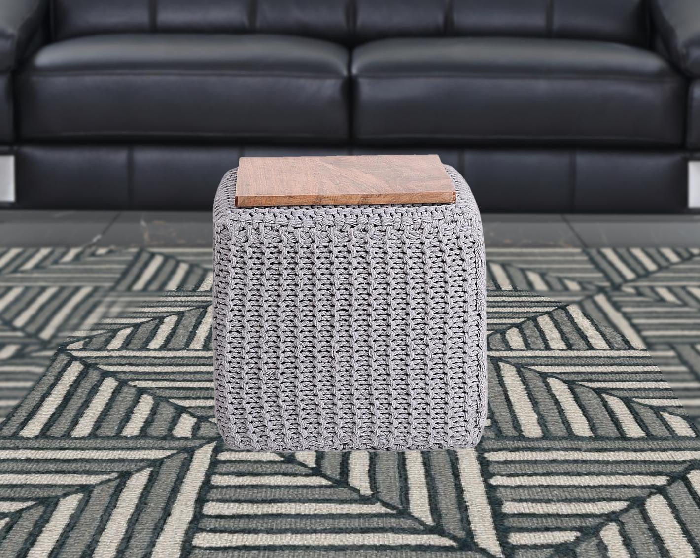 16" Light Grey Cotton Blend Pouf Cube Ottoman
