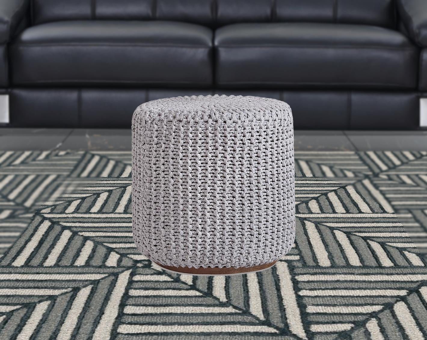 16" Light Grey Cotton Blend With Brown Round Pouf Ottoman