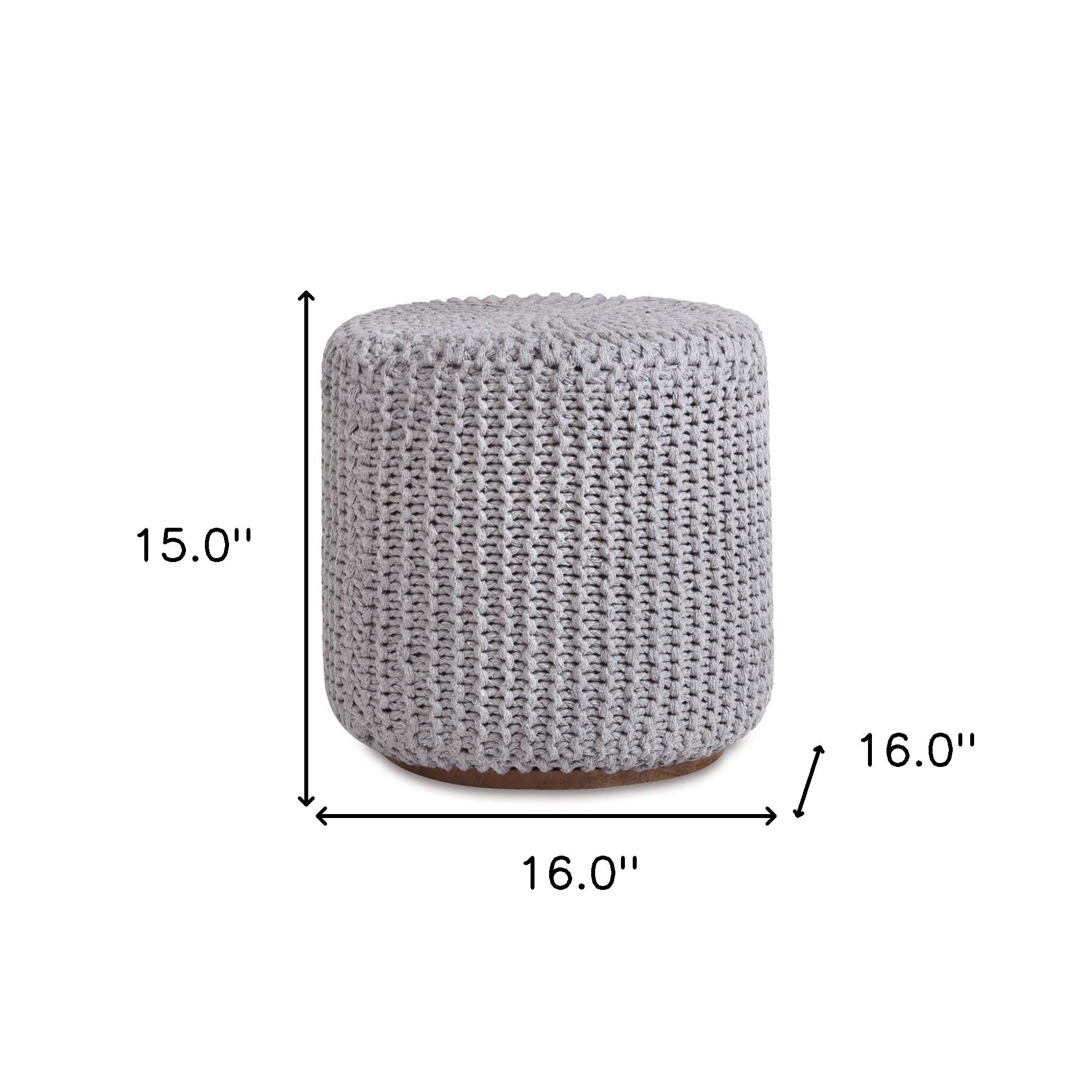 16" Light Grey Cotton Blend With Brown Round Pouf Ottoman