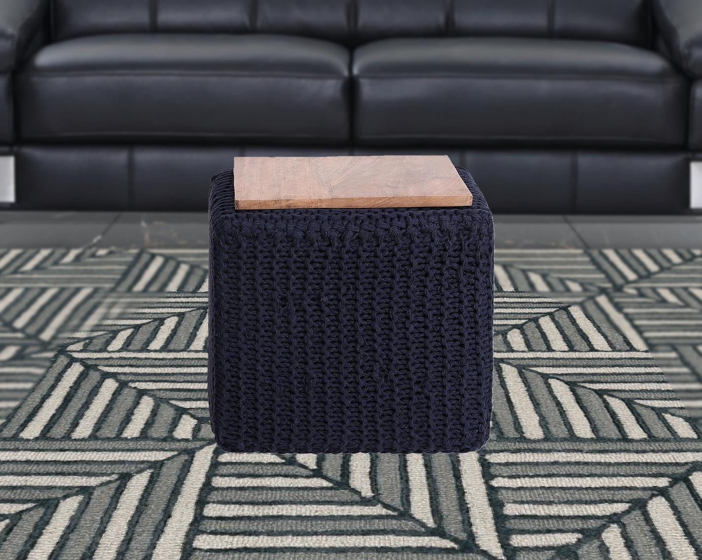 16" Navy Cotton Blend Pouf Cube Ottoman
